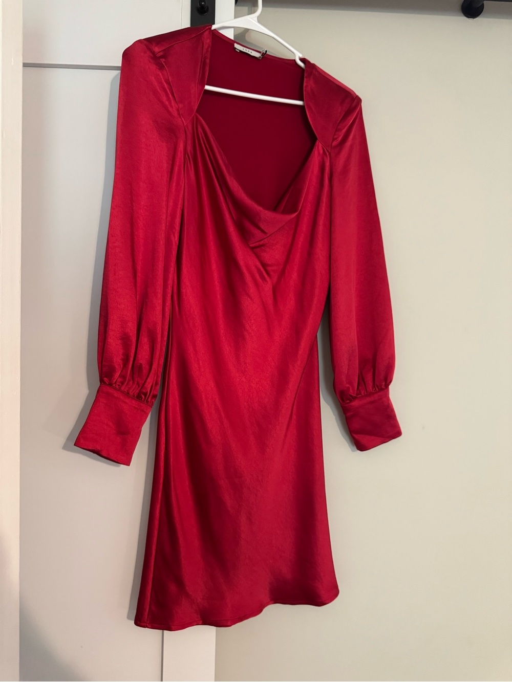 Lush Red Satin Cowl-Neck Long Sleeve Mini Dress